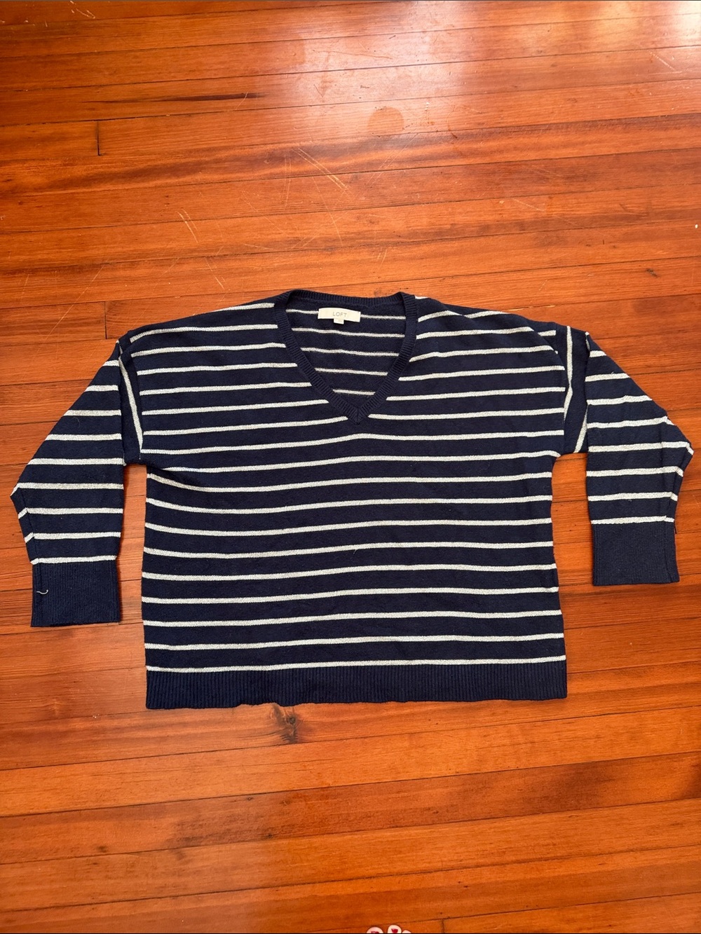 LOFT Women’s Navy V-neck Sweater with metallic silver stripes